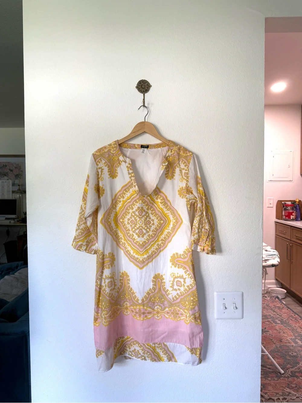 J.Crew Bazaar Linen-Cotton Tunic Dress Yellow Paisley Pink - Size 10